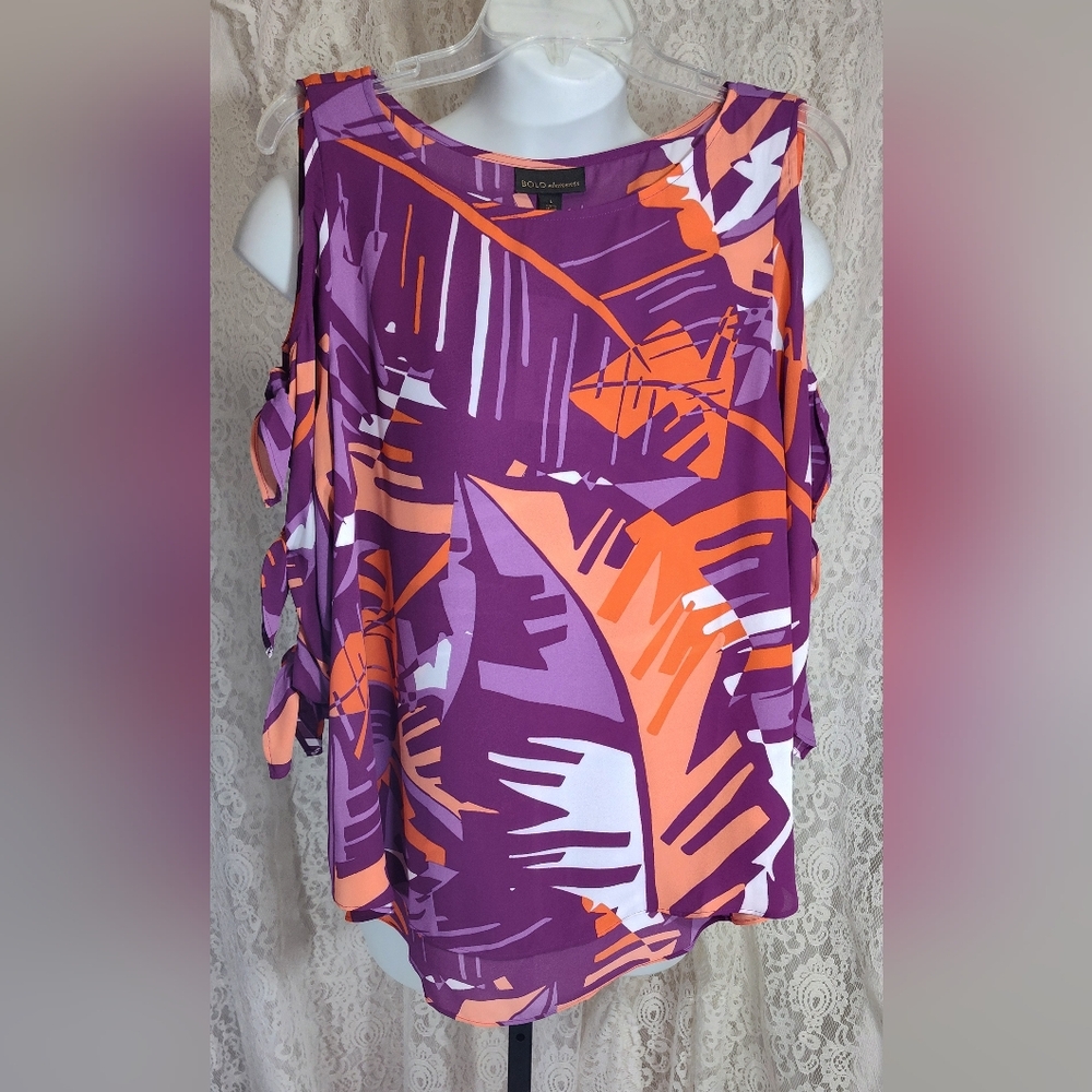Bold Elements tropical print cold Shoulder Top Ties on sleeve. Plum Tangerine